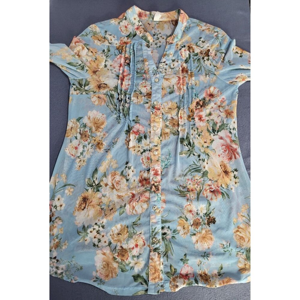 PERSEPTION CONCEPT Women's SZ Large Sheer Button Up Floral Blouse Top - Picture 3 of 8